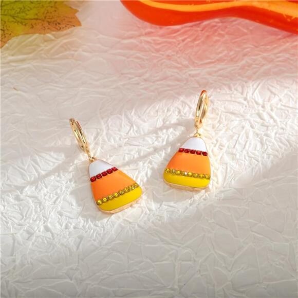 WOWORAMA Candy Corn Earrings | Sparkly Halloween Hoop Drops. - Picture 2 of 6